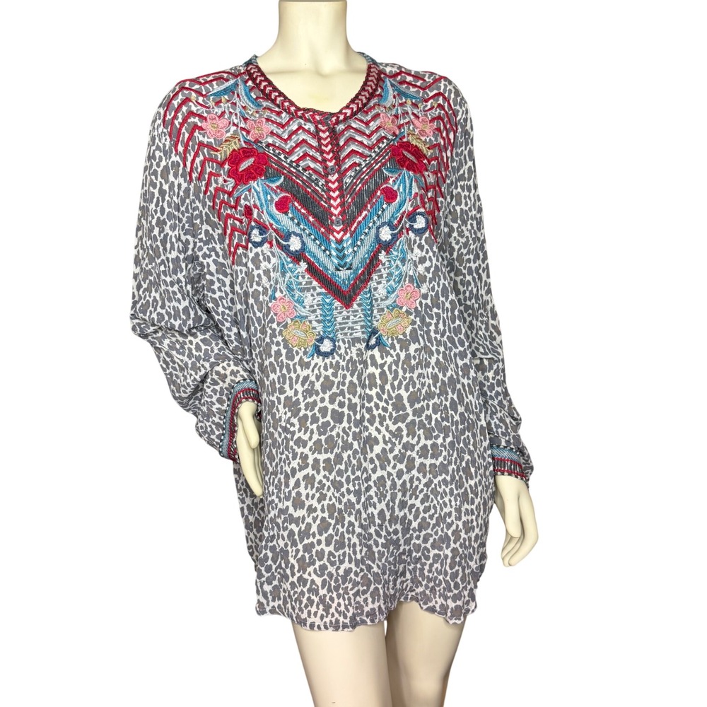 Johnny Was Biya Silk Embroidered Tunic Blouse Top Cheetah 🐆$330 Xl